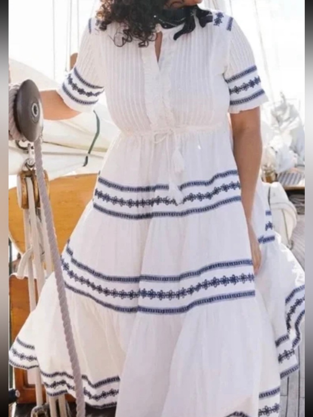 Ivy City Co White Midi Dress with Navy Embroidery